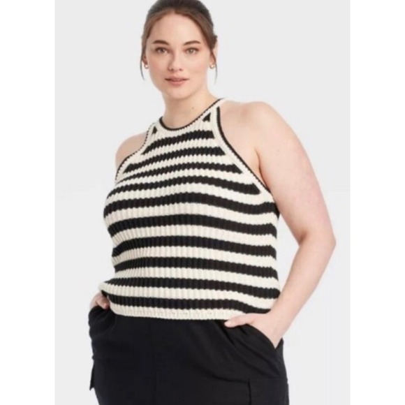 a new day Tops - A New Day Womens Medium Striped Halter Knit Tank Top Black Cream Ribbed